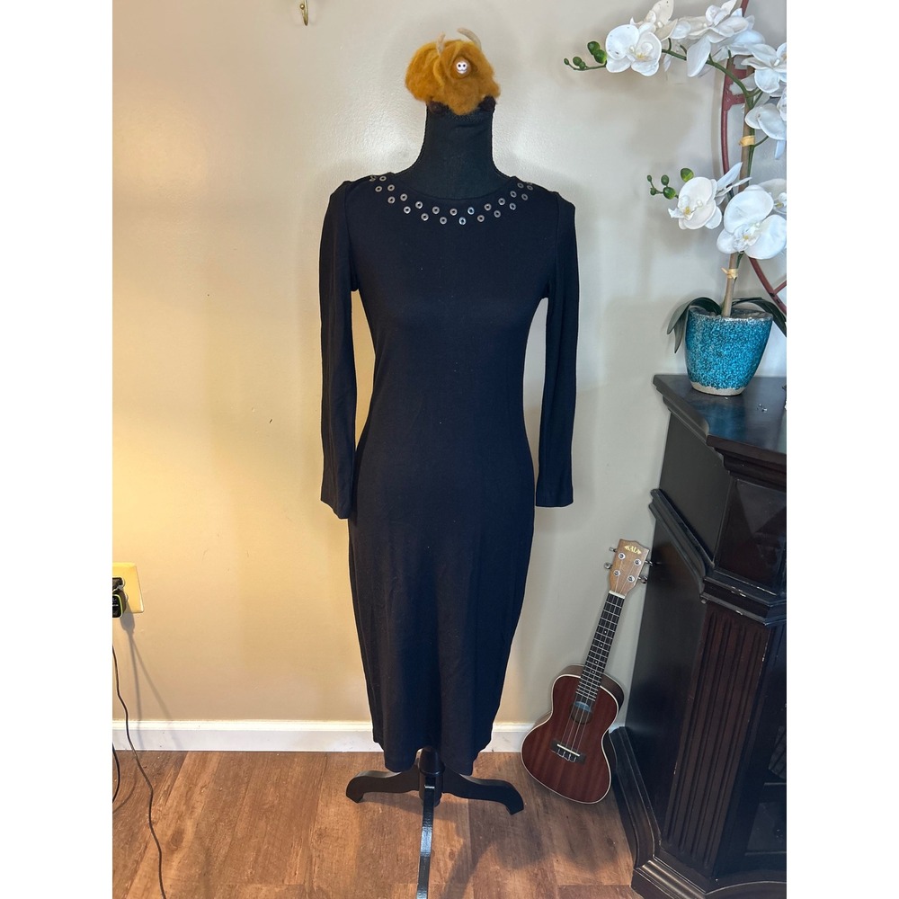 Carine Roitfeld Uniqlo Black Grommet Eyelet Long Sleeve Midi Dress XS
